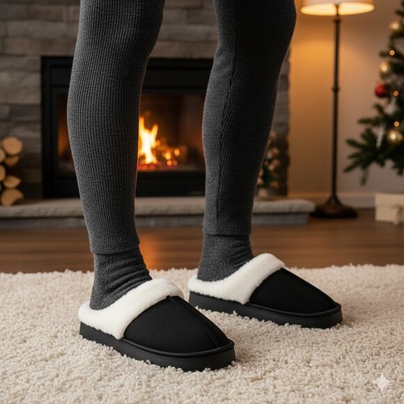 Men's Faux Fur Lined Slip-On SlippersCozy Warm Winter House Shoes~BLACK - Picture 6 of 6